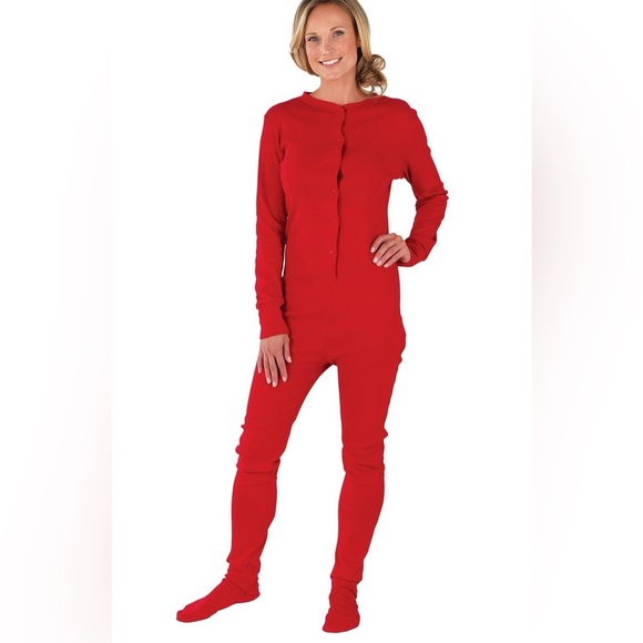 PajamaGram Footie Pajama Women Small Red Cotton Drop Seat One Piece Onesie - Picture 1 of 10
